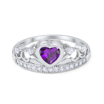 Heart Crown Ring Eternity Simulated Amethyst CZ 925 Sterling Silver